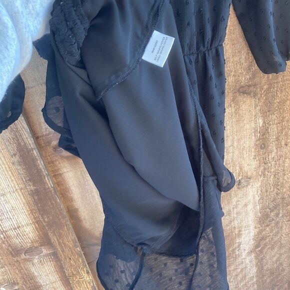 Q&A V-neck Wrap Ruched Clip Textured- Swiss Dot Mini Ruffle Dress in Black - Picture 7 of 11